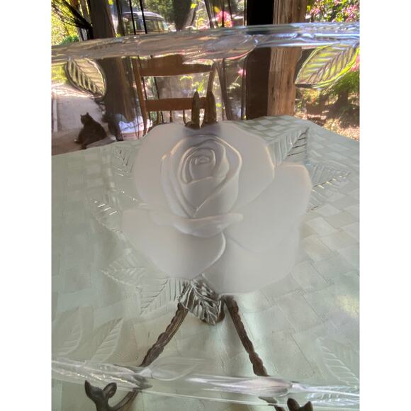 Cristal d'Arques Clear & Frosted Glass Tray with Roses 14 in X 8.25 in France - Picture 12 of 14